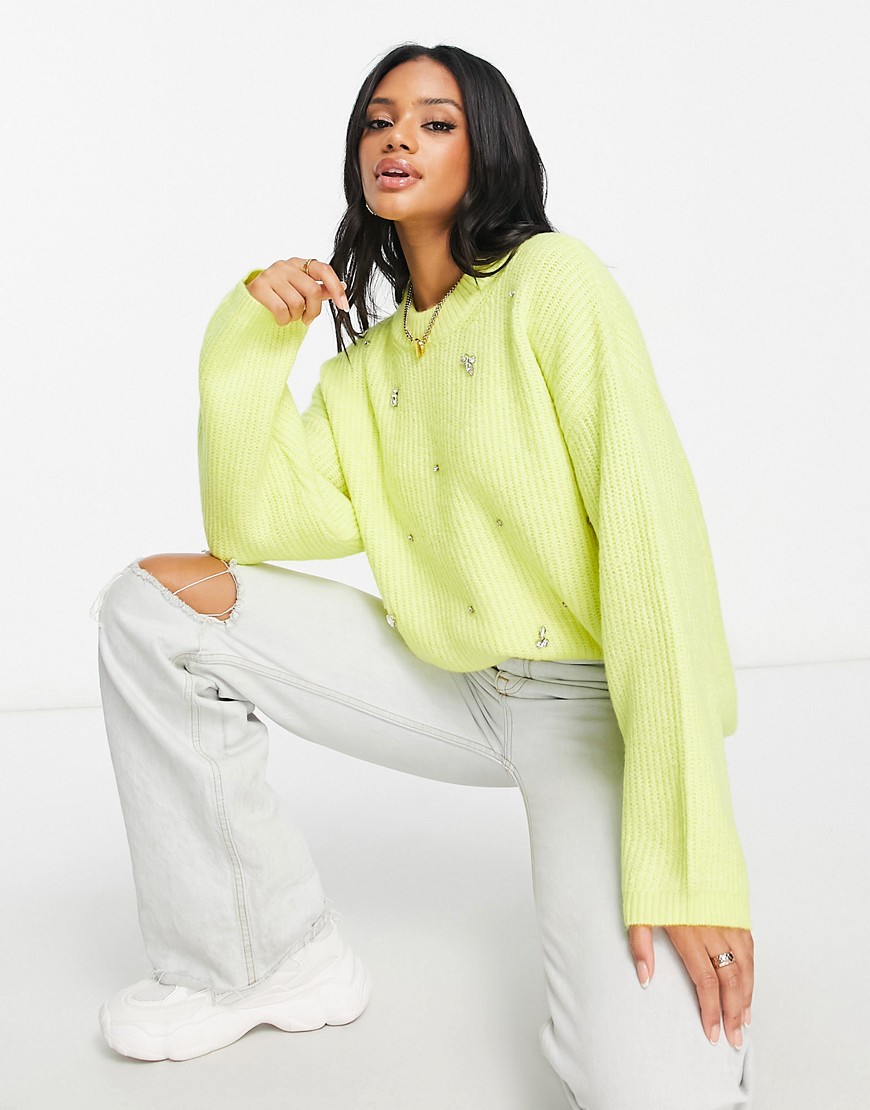 ASOS DESIGN oversized rib sweater with embellished stones in lime-Yellow