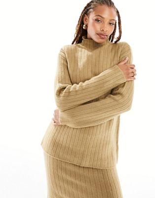 Asos Design Oversized Rib Sweater With Grown On Neck In Rib In Camel - Part Of A Set-neutral