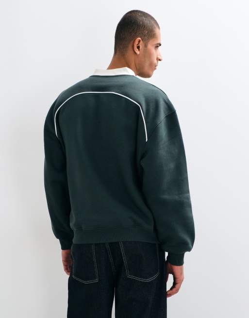 ASOS DESIGN oversized ribbad sweatshirt med v-ringning, passpoaler och pufftryck i mörkaste gran, 5 av 5