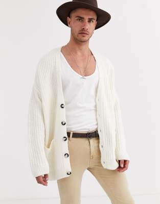 ASOS DESIGN oversized ribbed cardigan in off white-Beige