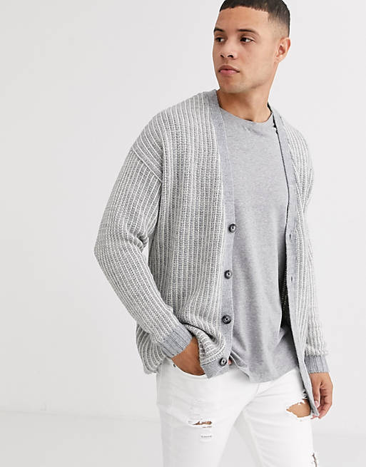 ASOS DESIGN oversized ribbed cardigan with tuck stitch in gray | ASOS