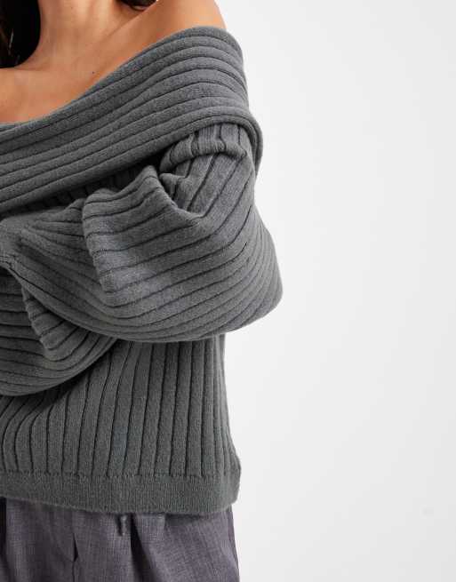 ASOS DESIGN oversized ribbed knit off shoulder sweater with balloon sleeve in charcoal