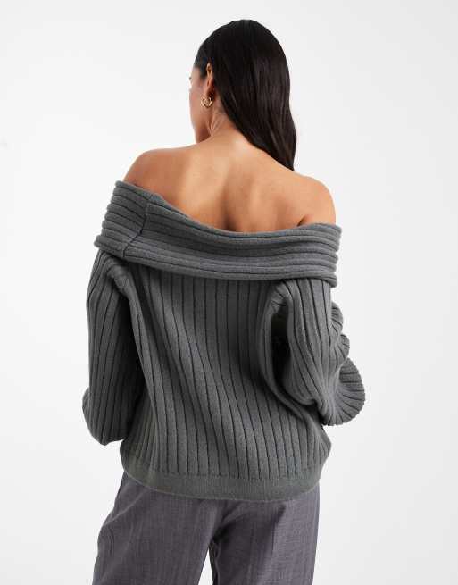 ASOS DESIGN oversized ribbed knit off shoulder sweater with balloon sleeve in charcoal