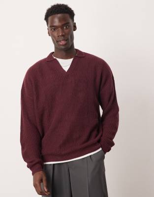 oversized ribbed knit sweater with notch neck in burgundy-Red