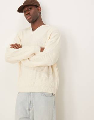 oversized ribbed knit sweater with notch neck in ecru-Neutral