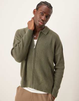 oversized ribbed knitted zip through cardigan with collar in khaki-Green