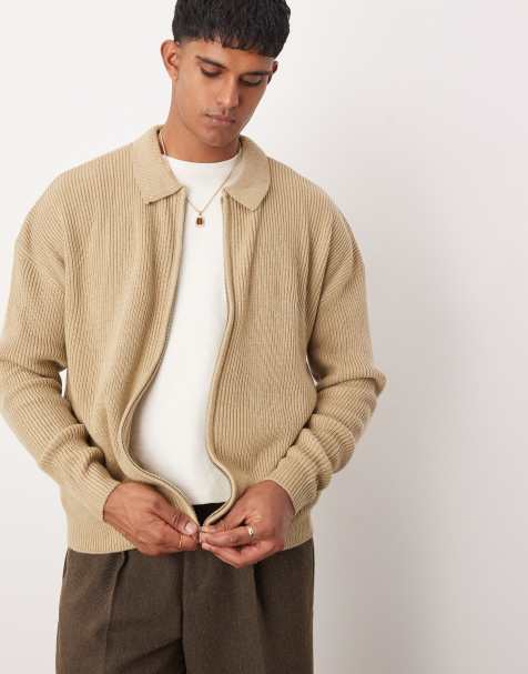 ASOS DESIGN oversized ribbed knitted zip thru cardigan with collar in stone - view 1