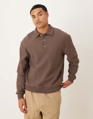 Asos Design Oversized Ribbed Polo In Brown