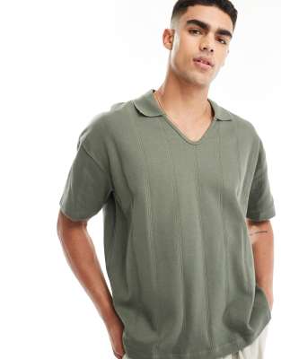 Asos Design Oversized Ribbed Polo Shirt With Ribbed Neck In Sage-green