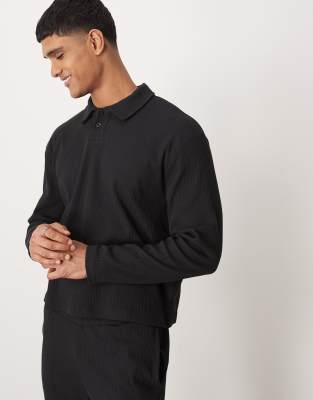 Asos Design Oversized Ribbed Polo Sweatshirt In Washed Black-gray