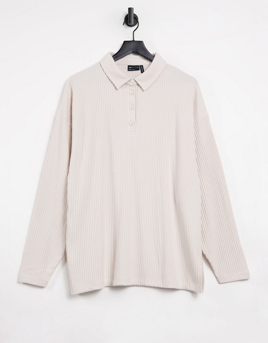 ASOS DESIGN oversized ribbed polo with buttons in bone-White
