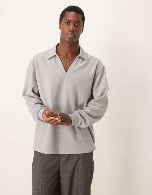 Asos Design Oversized Ribbed Rugby Polo Shirt In Heather Gray