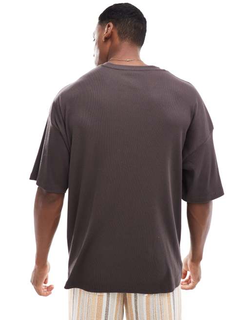 ASOS DESIGN oversized ribbed texture T-shirt in brown with celestial front print, 2 of 4