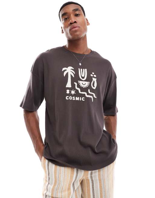 ASOS DESIGN oversized ribbed texture T-shirt in brown with celestial front print, 3 of 4
