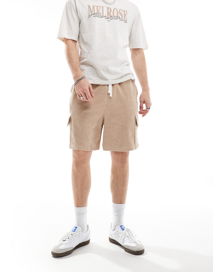 oversized ribbed velour shorts in beige with cargo pockets-Neutral