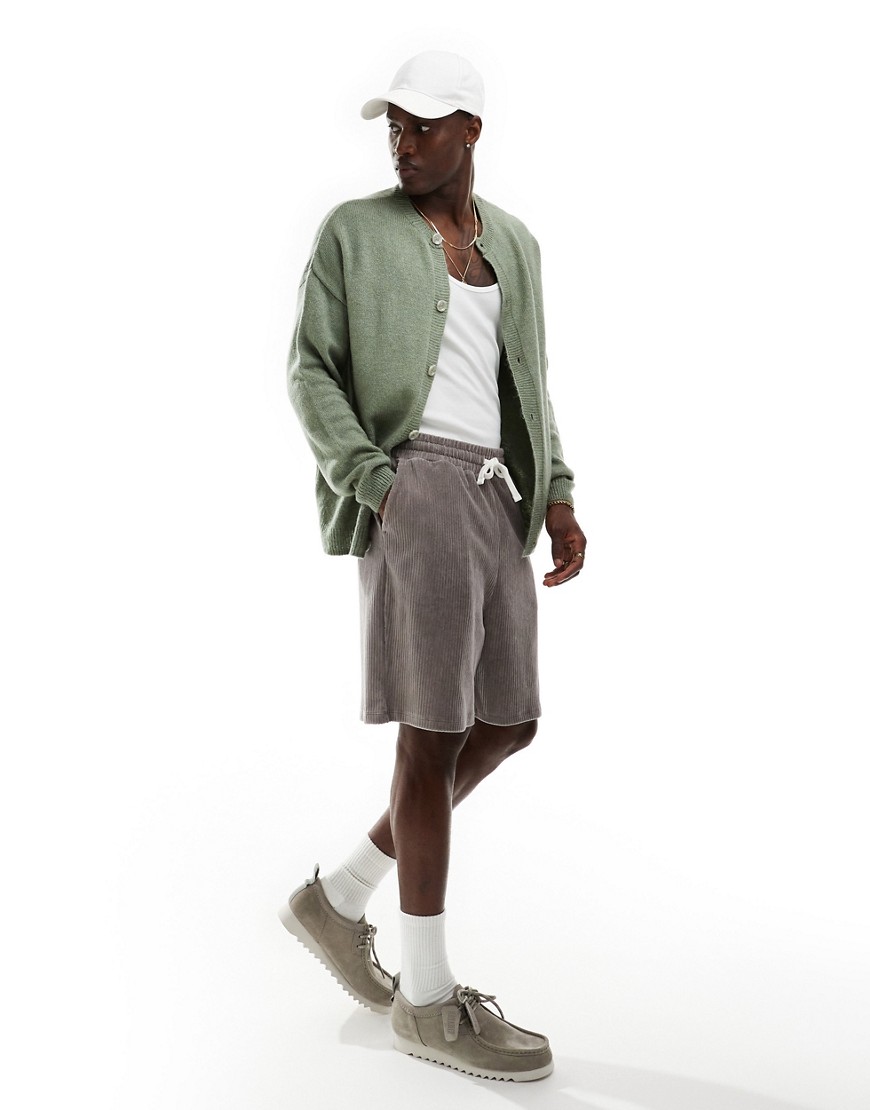 ASOS DESIGN oversized ribbed velour shorts in light brown-Green
