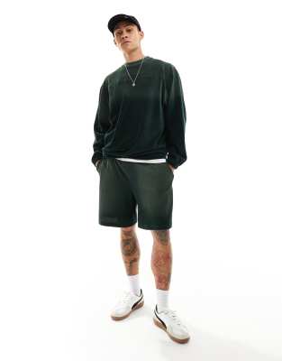 Asos Design Oversized Ribbed Velour Shorts In Washed Dark Green