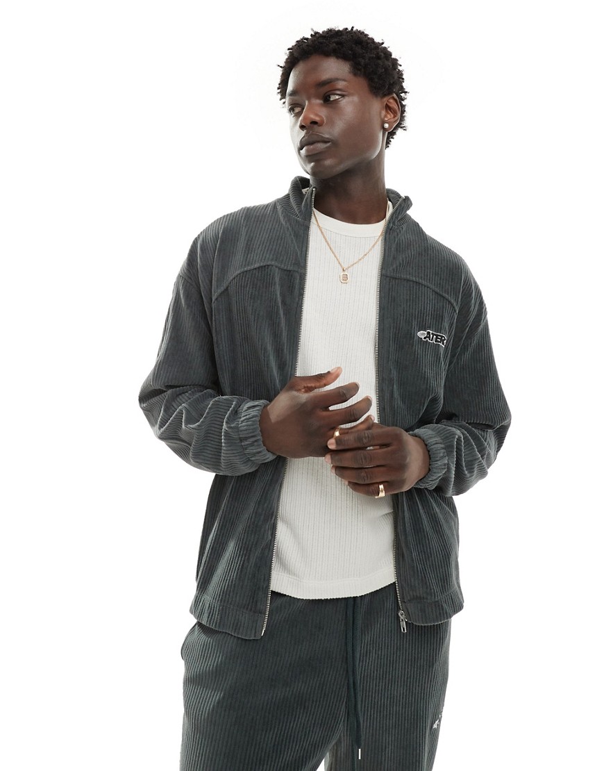 oversized ribbed velour zip jacket in washed charcoal-Gray