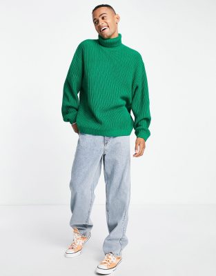 ASOS DESIGN - Oversized ribstrikket fiskertrøje med rullekrave i flaskegrøn