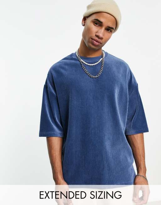 ASOS DESIGN - Oversized, ribstrikket og marineblå T-shirt i velour