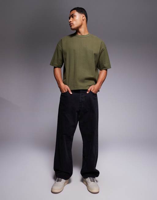 ASOS DESIGN - Oversized, ribstrikket T-shirt med tekstur i kakigrøn i firkantet pasform, 2 af 5