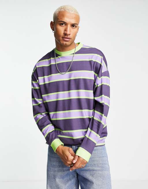 ASOS DESIGN - Oversized ringer T-shirt met lange mouwen en strepen in paars en groen