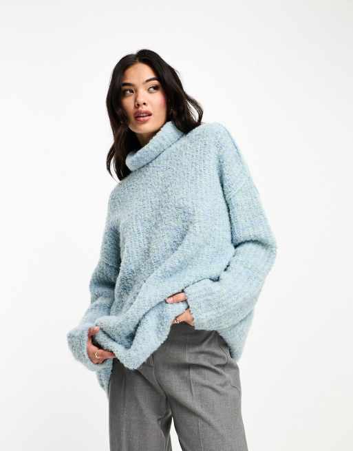 ASOS DESIGN oversized roll neck sweater in boucle yarn in blue