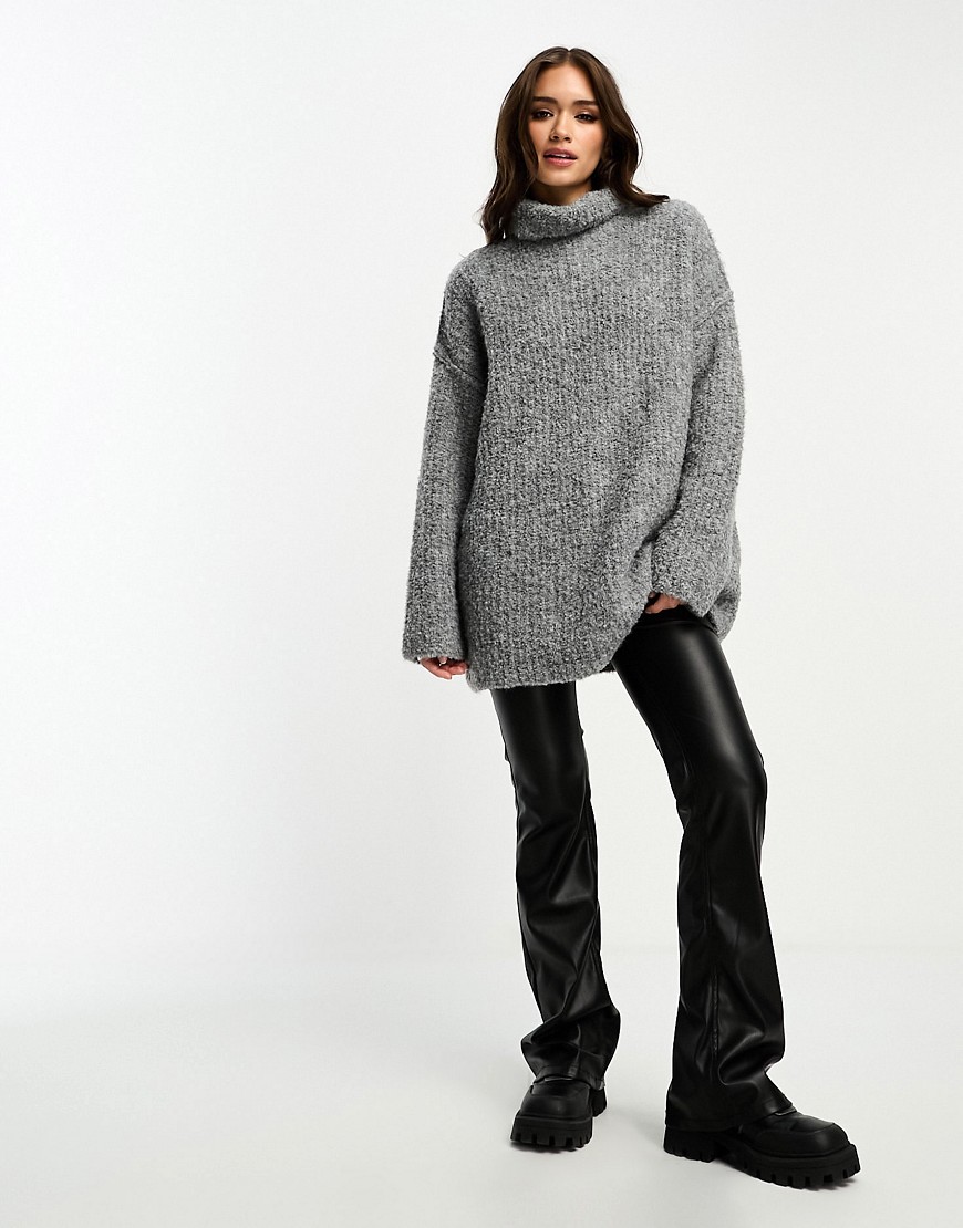 oversized roll neck sweater in boucle yarn in charcoal-Gray