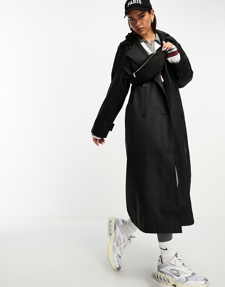 ASOS DESIGN oversized rubberised rain hooded trench with belt detail in black