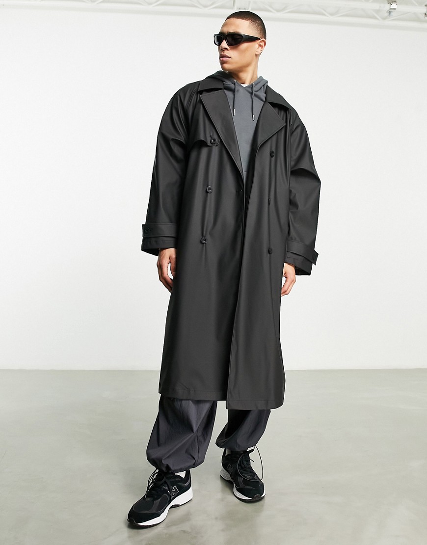oversized rubberized trench coat in black