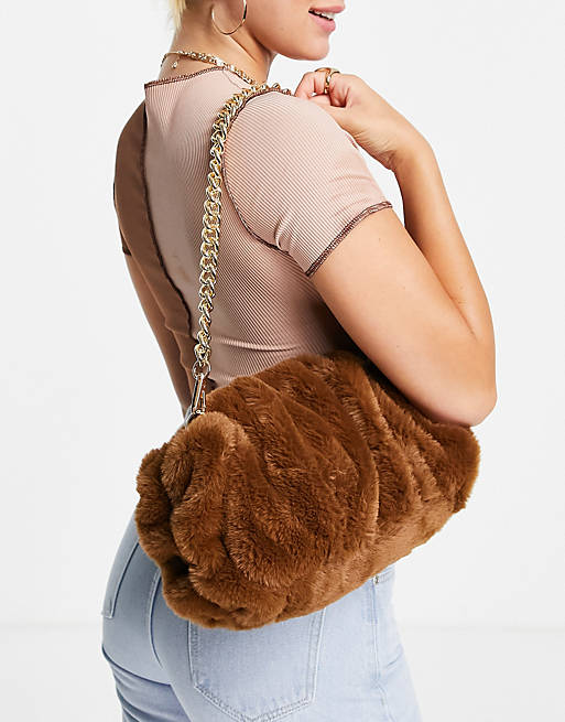 ASOS DESIGN oversized ruched clutch bag in brown faux fur with detachable shoulder chain