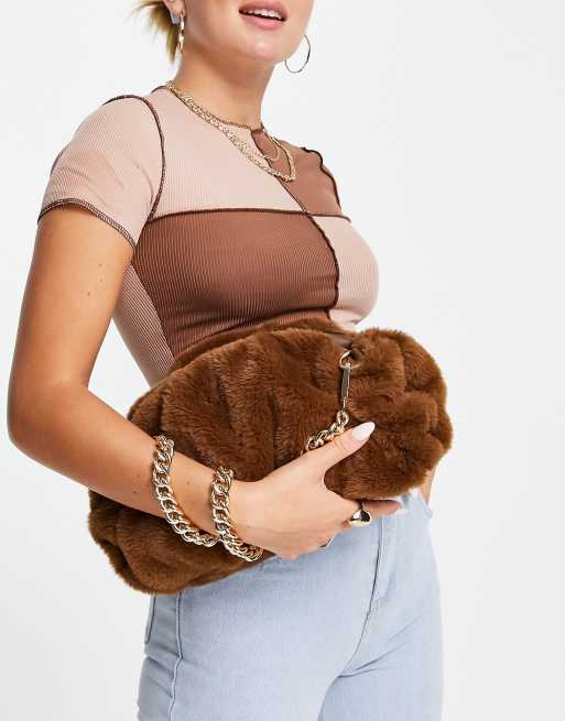 ASOS DESIGN oversized ruched clutch bag in beige with detachable