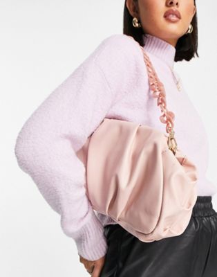 ASOS DESIGN oversized ruched clutch bag in dusky pink with detachable shoulder chain