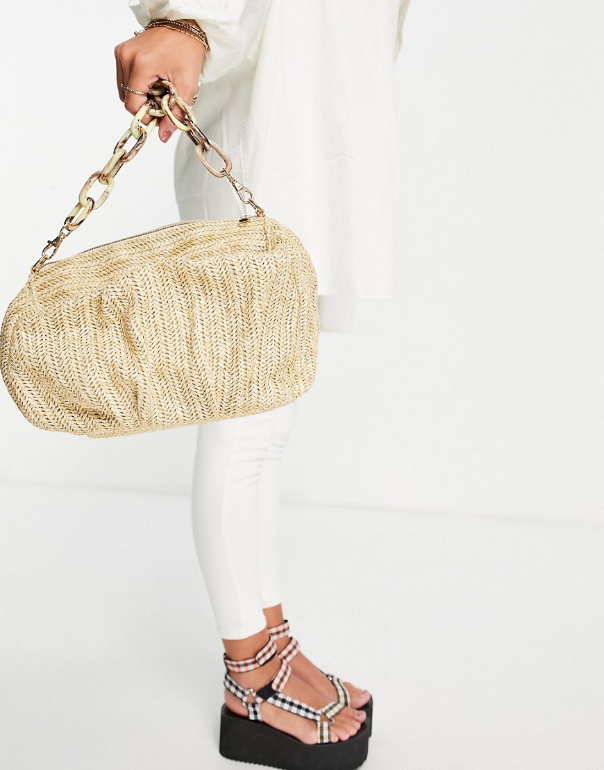 ASOS DESIGN oversized ruched clutch bag in natural straw with detachable resin chain-Neutral