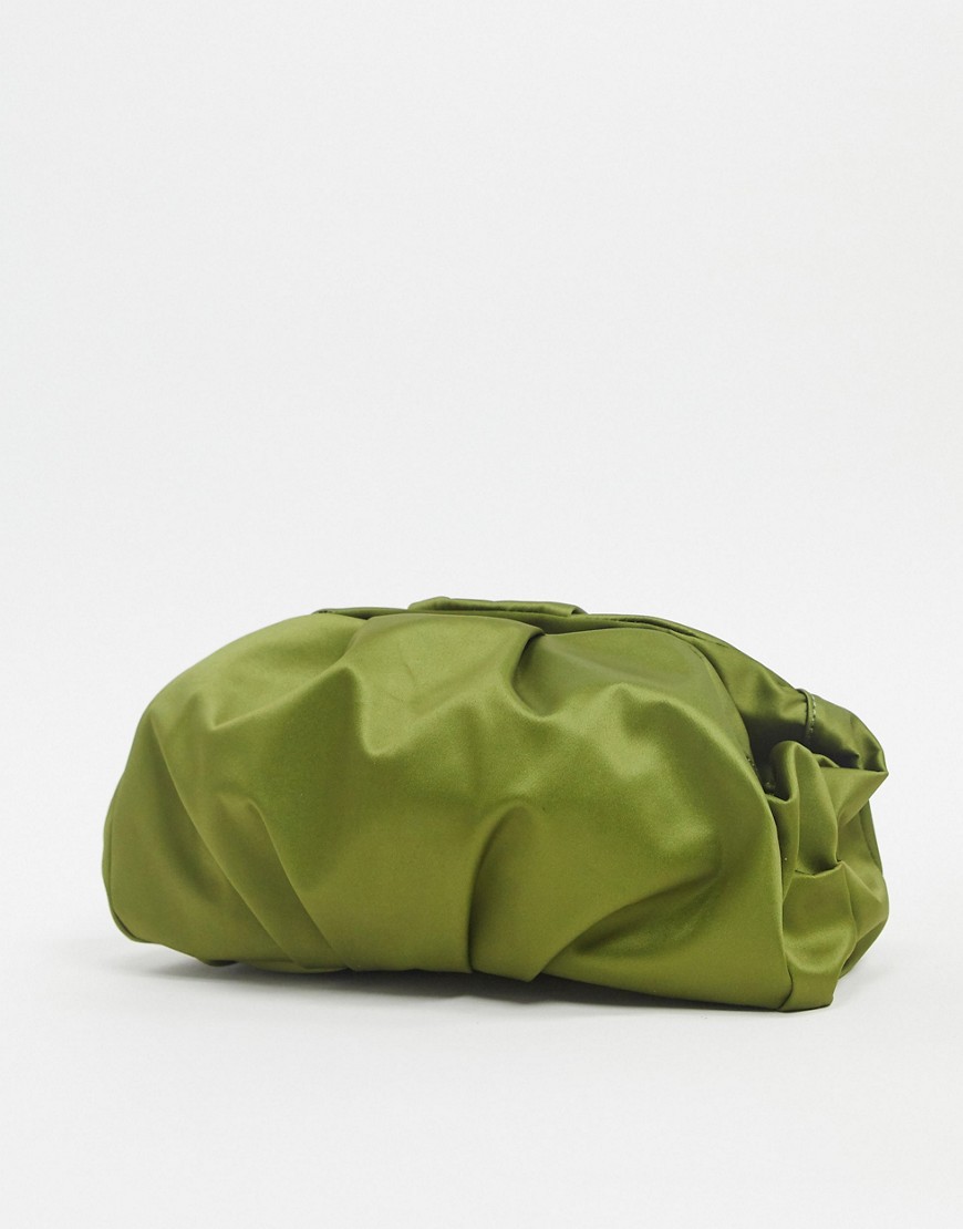 ASOS DESIGN oversized ruched clutch bag in olive satin-Green