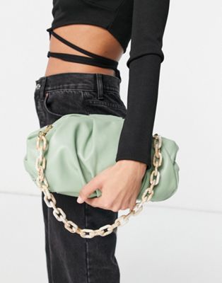 ASOS DESIGN oversized ruched clutch bag in sage green with detachable shoulder chain