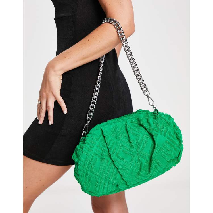 ASOS DESIGN oversized ruched clutch bag with detachable shoulder chain in green towelling