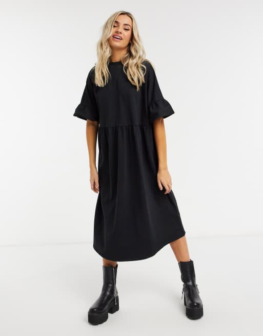 ASOS DESIGN oversized ruffle sleeve smock sweat midi dress in black | ASOS