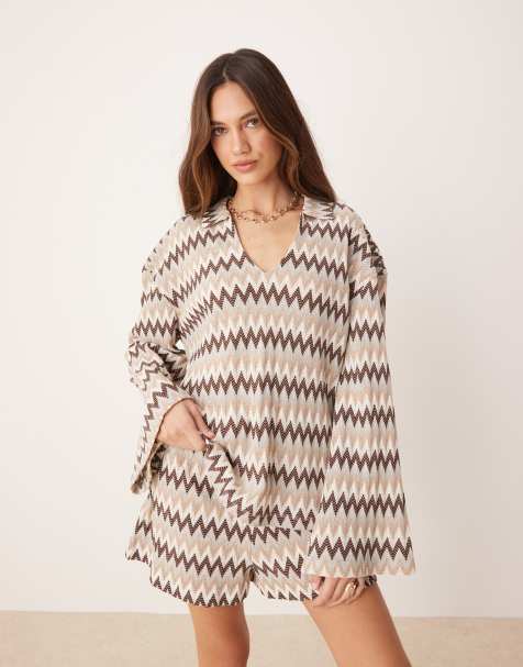 ASOS DESIGN oversized rugby collar top co-ord in brown chevron stripe