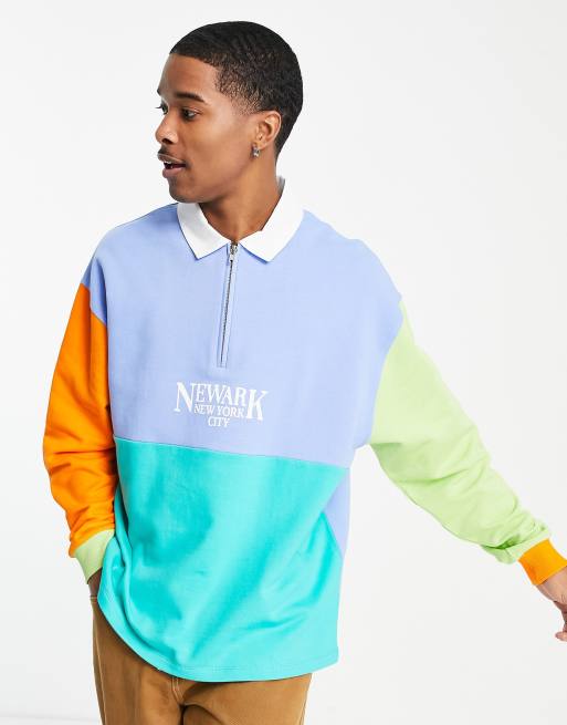 ASOS DESIGN oversized rugby half zip sweatshirt in bright color blocking ASOS