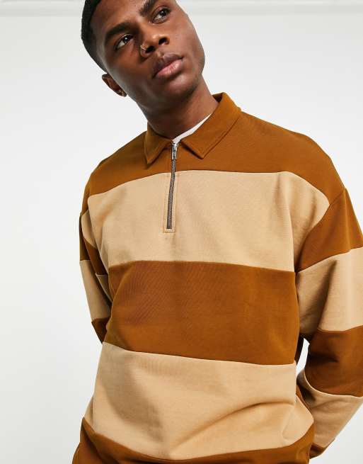 ASOS DESIGN oversized rugby half zip sweatshirt in tonal brown colour block