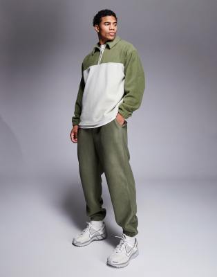 Asos Design Oversized Rugby Polo Fleece Sweatshirt In Green And Gray