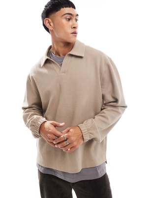 oversized rugby polo in stone-Neutral