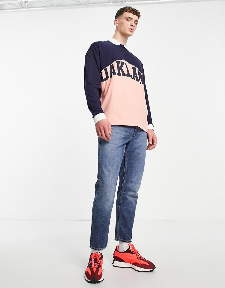ASOS DESIGN oversized rugby polo shirt in navy color block with Oakland city print-Multi