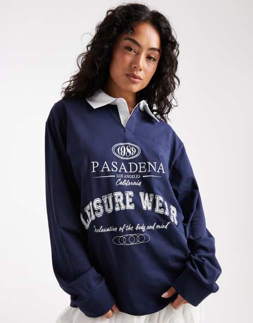 ASOS DESIGN oversized rugby polo shirt with athletic graphic in navy