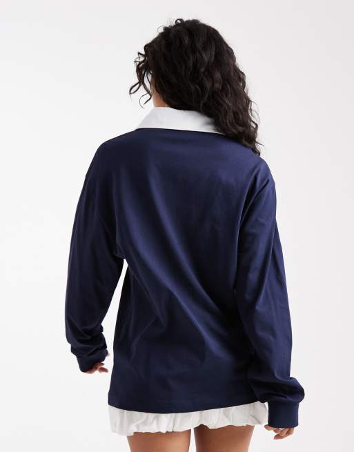 ASOS DESIGN oversized rugby polo shirt with athletic graphic in navy