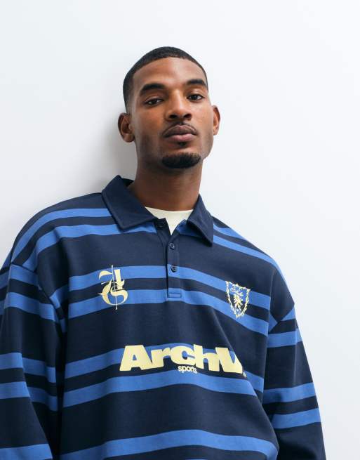 ASOS DESIGN oversized rugby polo stripe sweatshirt with graphic in navy, 2 of 5