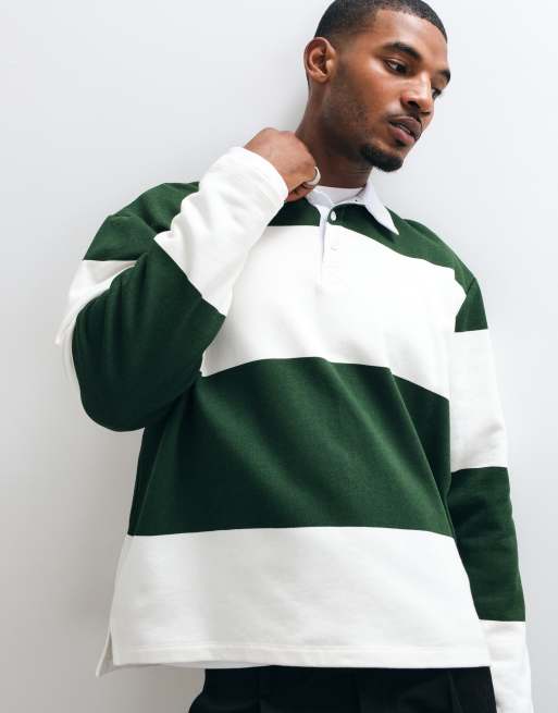 ASOS DESIGN oversized rugby-polo sweatshirt i råhvid og grøn stribe, 2 af 5