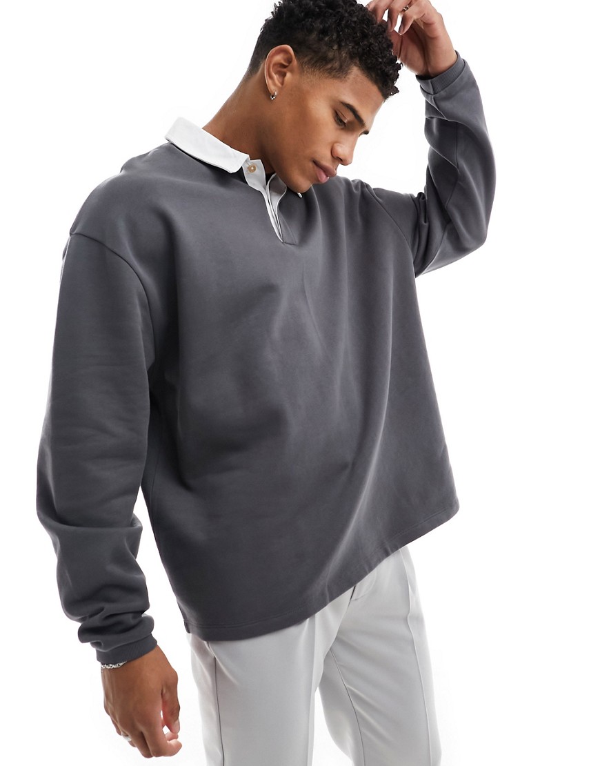 ASOS DESIGN oversized rugby polo sweatshirt in charcoal-Grey