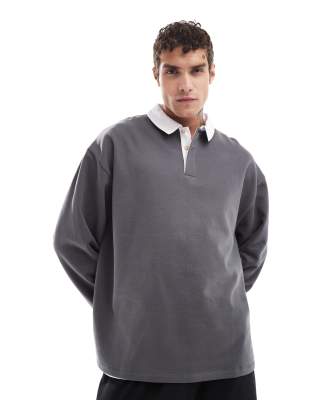 oversized rugby polo sweatshirt in charcoal-Gray